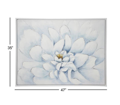 RECTANGULAR SILVER & WHITE PEONY FLOWER ACRYLIC PAINTING IN SILVER FRAME