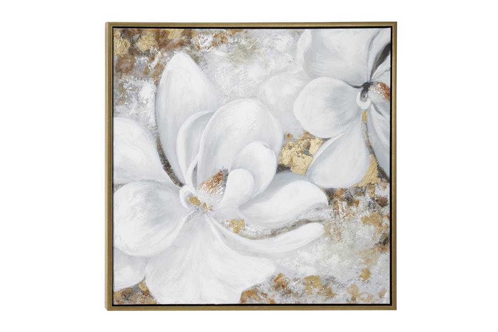 WHITE CANVAS FLORAL FRAMED WALL ART WITH GOLD FRAME