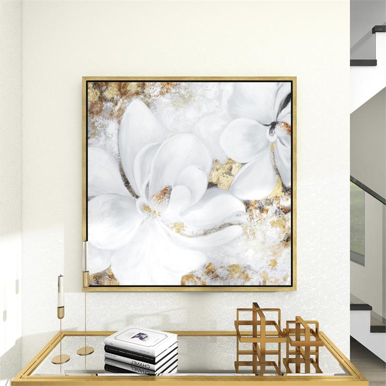 WHITE CANVAS FLORAL FRAMED WALL ART WITH GOLD FRAME