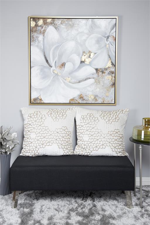 WHITE CANVAS FLORAL FRAMED WALL ART WITH GOLD FRAME