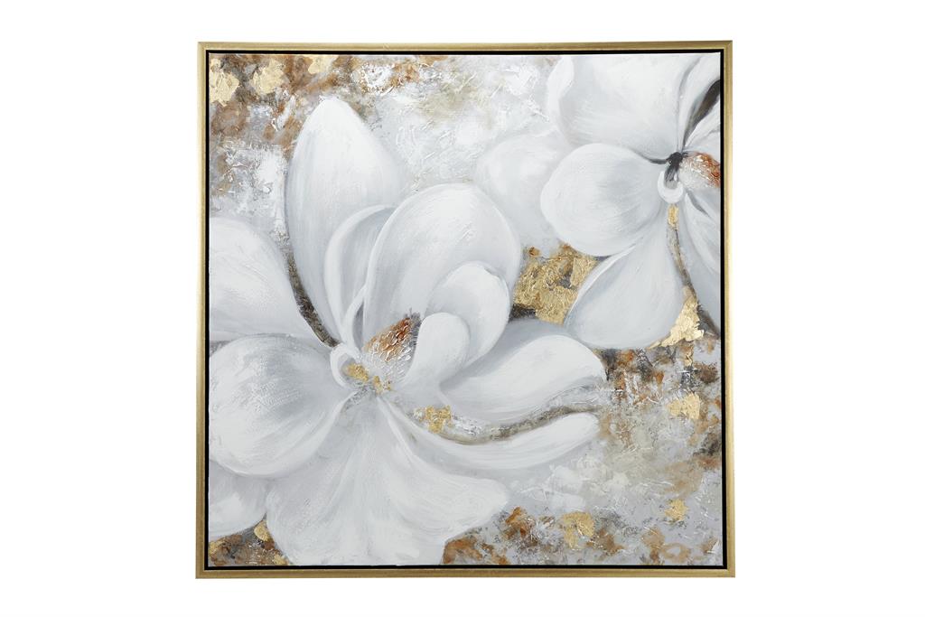 WHITE CANVAS FLORAL FRAMED WALL ART WITH GOLD FRAME