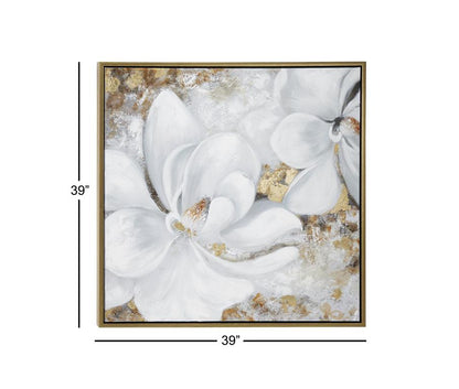 WHITE CANVAS FLORAL FRAMED WALL ART WITH GOLD FRAME