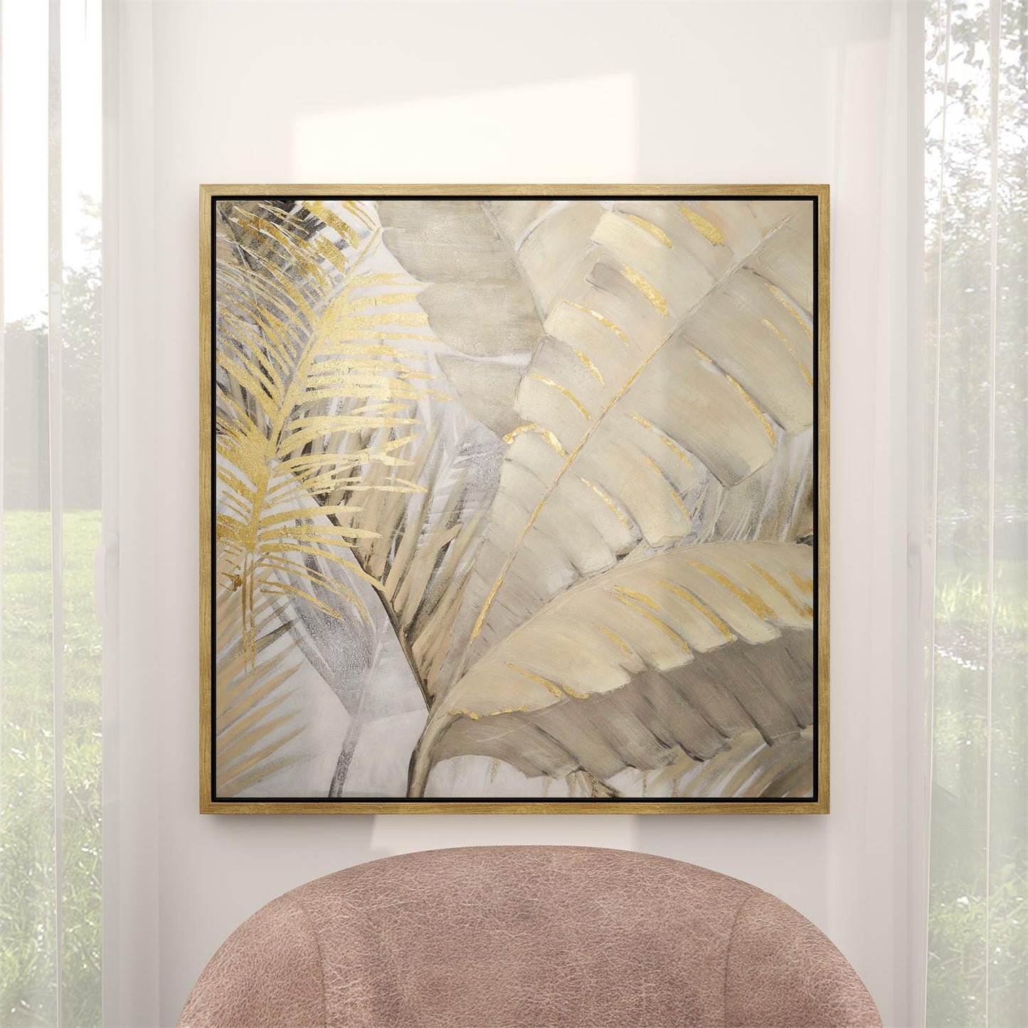 COSMOPOLITAN BROWN CANVAS LEAF PALM FRAMED WALL ART WITH GOLD FRAME