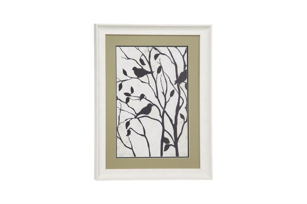 RECTANGULAR WHITE BIRD ILLUSTRATION PRINT IN WHITE FRAME W/ OLIVE GREEN MAT BOARD,