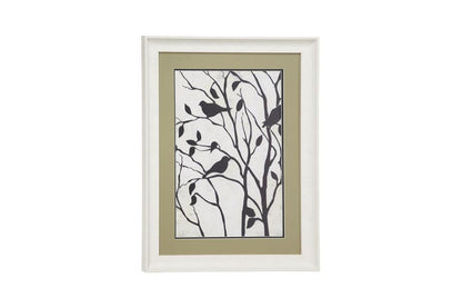 RECTANGULAR WHITE BIRD ILLUSTRATION PRINT IN WHITE FRAME W/ OLIVE GREEN MAT BOARD,