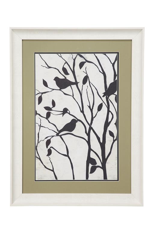 RECTANGULAR WHITE BIRD ILLUSTRATION PRINT IN WHITE FRAME W/ OLIVE GREEN MAT BOARD,