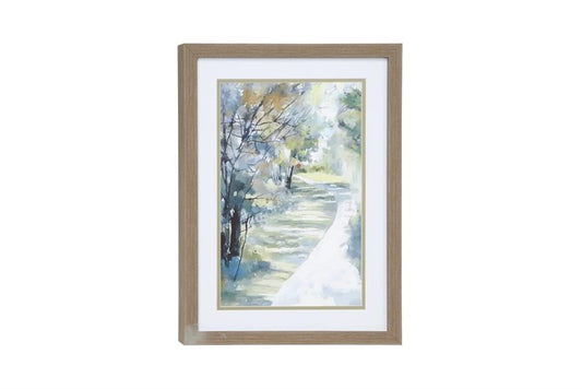 TREE LANDSCAPE PRINT IN RECTANGULAR BROWN WOOD FRAME,