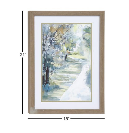 TREE LANDSCAPE PRINT IN RECTANGULAR BROWN WOOD FRAME,