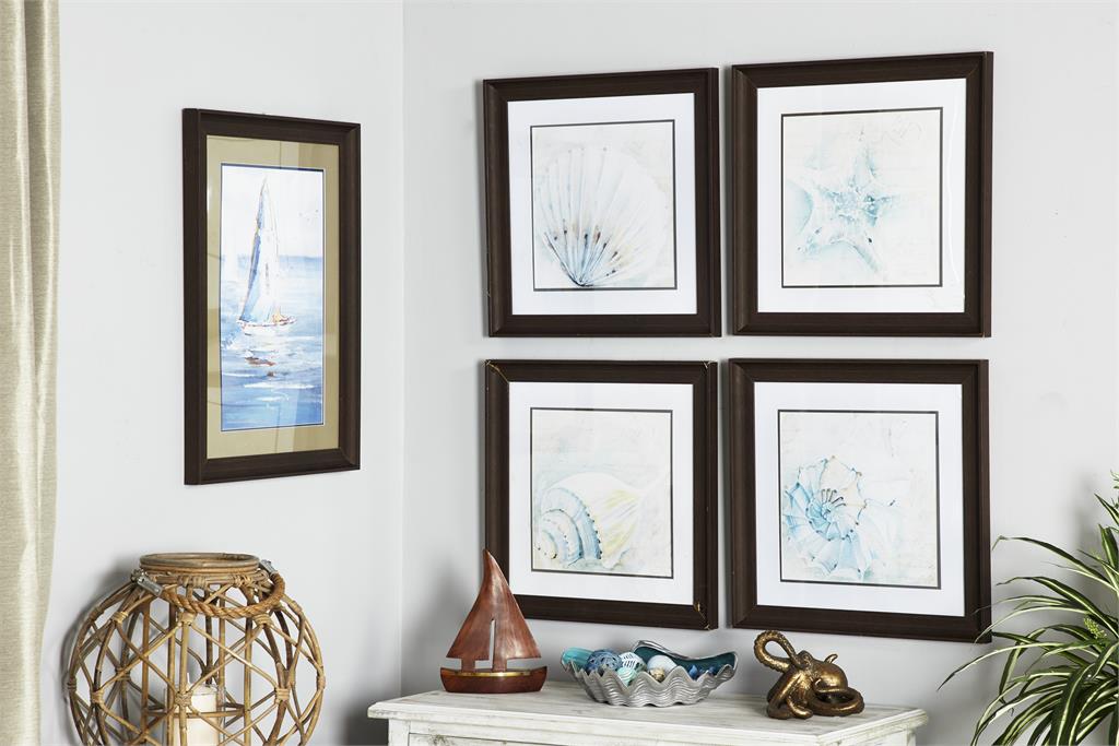 WHITE SQUARE SEA SHELL COASTAL WALL ART IN BROWN FRAMES