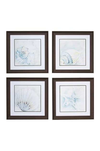 WHITE SQUARE SEA SHELL COASTAL WALL ART IN BROWN FRAMES