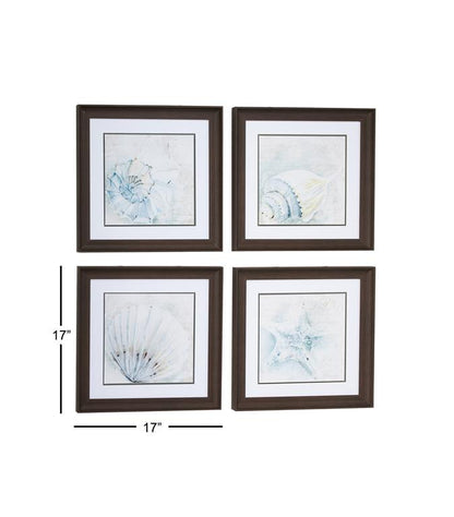 WHITE SQUARE SEA SHELL COASTAL WALL ART IN BROWN FRAMES