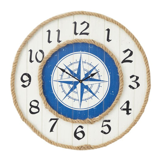 BLUE WOOD COMPASS WALL CLOCK WITH ROPE ACCENTS