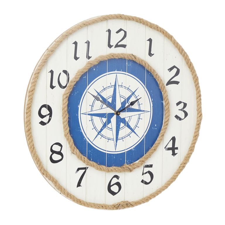 BLUE WOOD COMPASS WALL CLOCK WITH ROPE ACCENTS