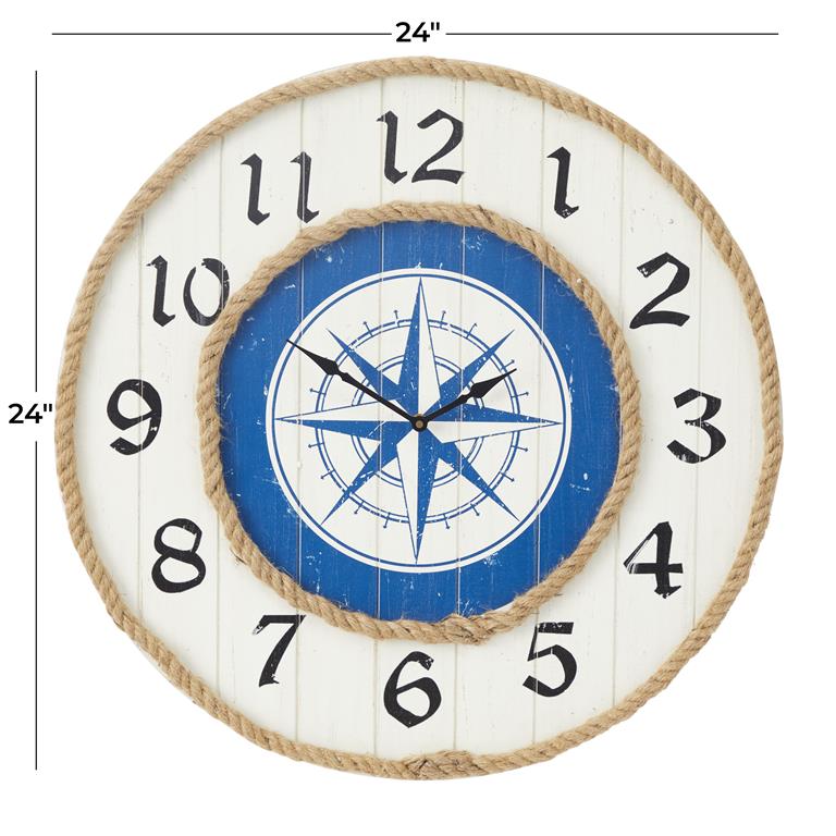 BLUE WOOD COMPASS WALL CLOCK WITH ROPE ACCENTS