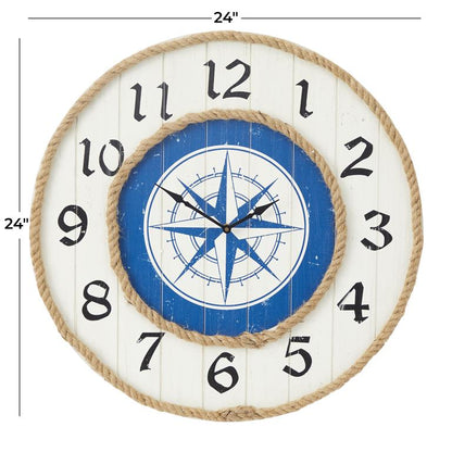 BLUE WOOD COMPASS WALL CLOCK WITH ROPE ACCENTS