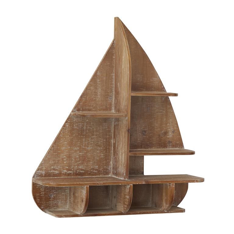 BROWN WOOD SAIL BOAT 8 CUBBIES WALL SHEL