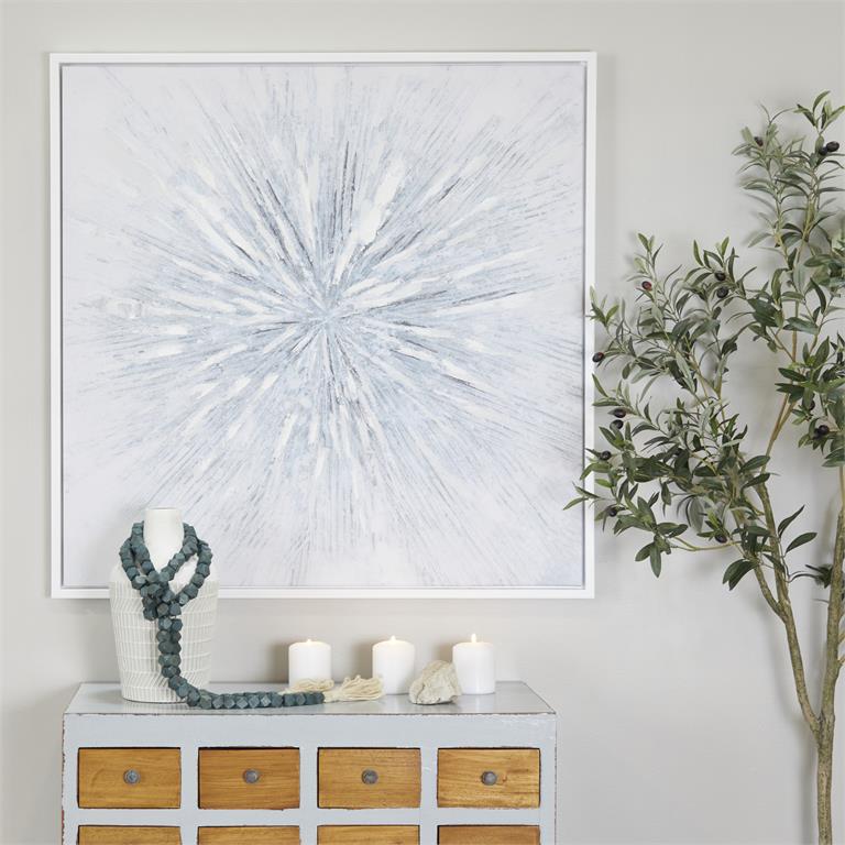 COSMOLIVING BY COSMOPOLITAN WHITE CANVAS STARBURST RADIAL FRAMED WALL ART WITH SILVER FRAME,