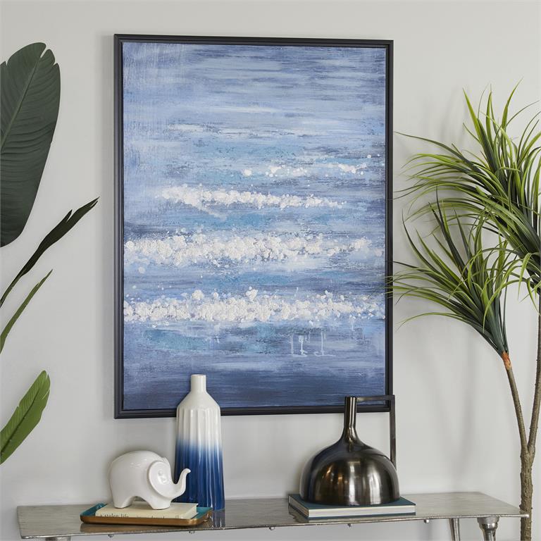 COSMOLIVING BY COSMOPOLITAN BLUE CANVAS LANDSCAPE FRAMED WALL ART WITH BLACK FRAME,