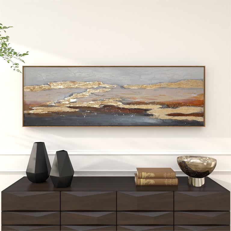 GOLD CANVAS GEODE HANDMADE FOILED AND BRUSHSTROKES FRAMED WALL ART WITH GOLD FRAME,