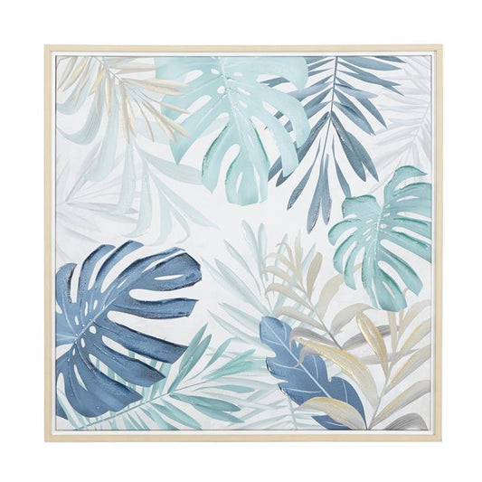 BLUE CANVAS LEAF HANDMADE TROPICAL FRAMED WALL ART WITH BROWN FRAME,