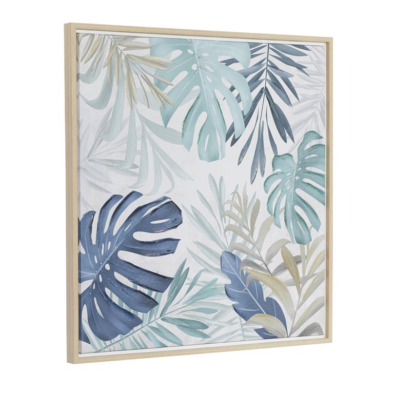 BLUE CANVAS LEAF HANDMADE TROPICAL FRAMED WALL ART WITH BROWN FRAME,