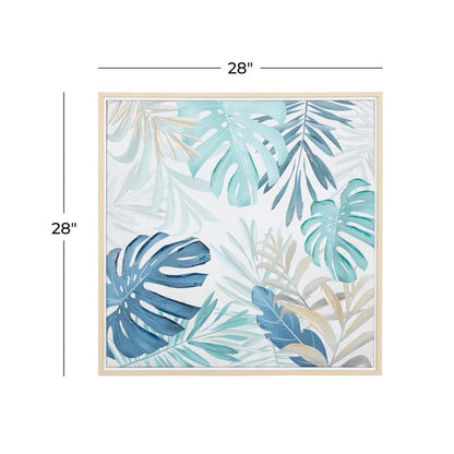 BLUE CANVAS LEAF HANDMADE TROPICAL FRAMED WALL ART WITH BROWN FRAME,