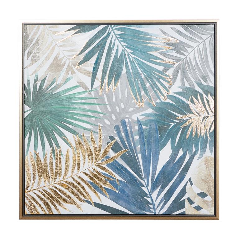 BLUE CANVAS LEAF HANDMADE TROPICAL FRAMED WALL ART WITH GOLD FRAME