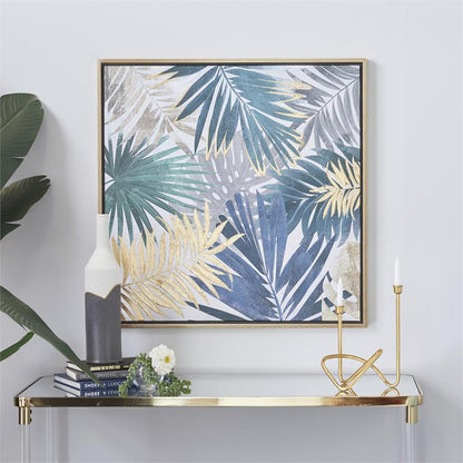 BLUE CANVAS LEAF HANDMADE TROPICAL FRAMED WALL ART WITH GOLD FRAME