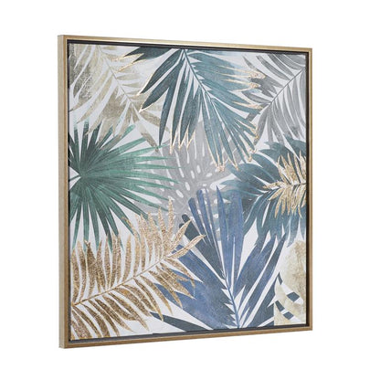 BLUE CANVAS LEAF HANDMADE TROPICAL FRAMED WALL ART WITH GOLD FRAME