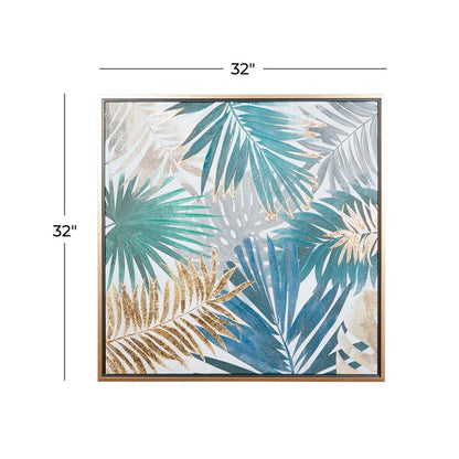 BLUE CANVAS LEAF HANDMADE TROPICAL FRAMED WALL ART WITH GOLD FRAME