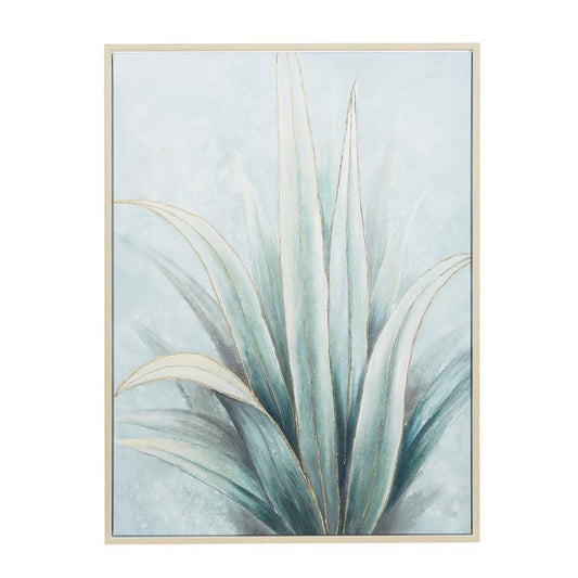 GREEN CANVAS LEAF HANDMADE AGAVE FRAMED WALL ART WITH BEIGE FRAME,