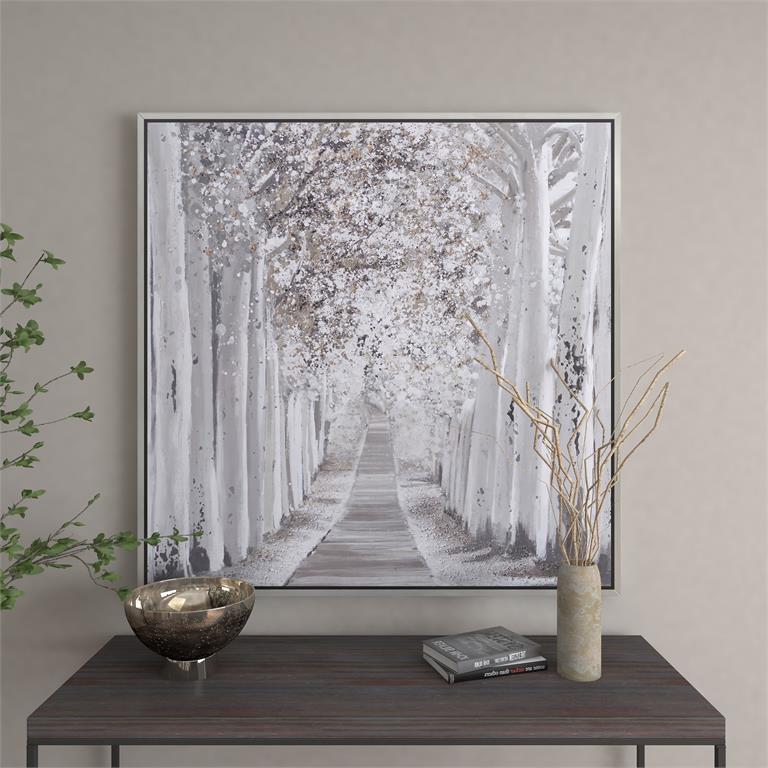 WHITE CANVAS LANDSCAPE HANDMADE FOREST FRAMED WALL ART WITH SILVER FRAME