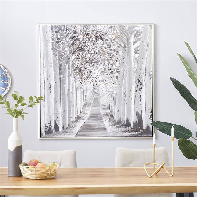 WHITE CANVAS LANDSCAPE HANDMADE FOREST FRAMED WALL ART WITH SILVER FRAME