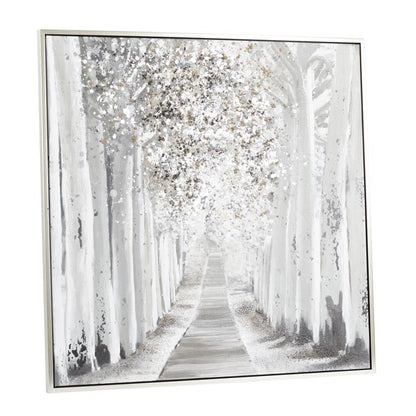 WHITE CANVAS LANDSCAPE HANDMADE FOREST FRAMED WALL ART WITH SILVER FRAME