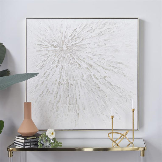 COSMOLIVING BY COSMOPOLITAN WHITE CANVAS STARBURST HANDMADE FRAMED WALL ART WITH SILVER FRAME,