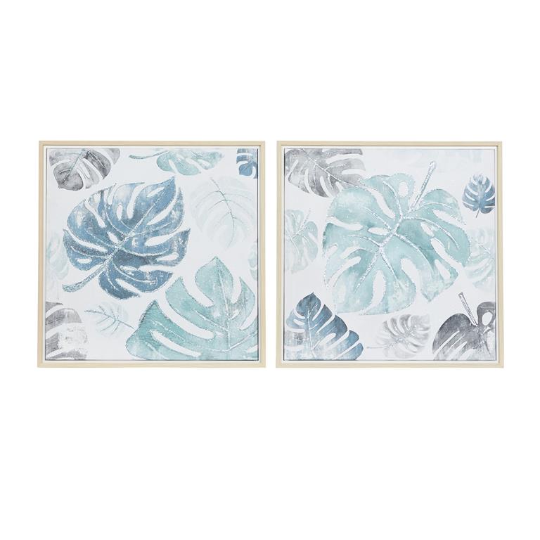 COSMOLIVING BY COSMOPOLITAN BLUE CANVAS LEAF HANDMADE TROPICAL FRAMED WALL ART WITH BROWN FRAME, SET OF 2