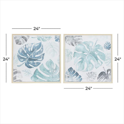 COSMOLIVING BY COSMOPOLITAN BLUE CANVAS LEAF HANDMADE TROPICAL FRAMED WALL ART WITH BROWN FRAME, SET OF 2