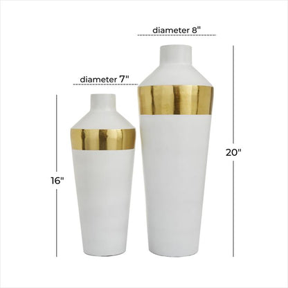 WHITE METAL VASE WITH GOLD BAND,