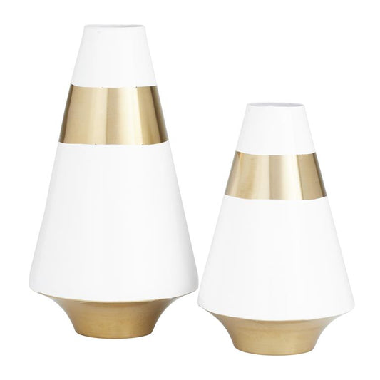 WHITE METAL VASE WITH GOLD BAND