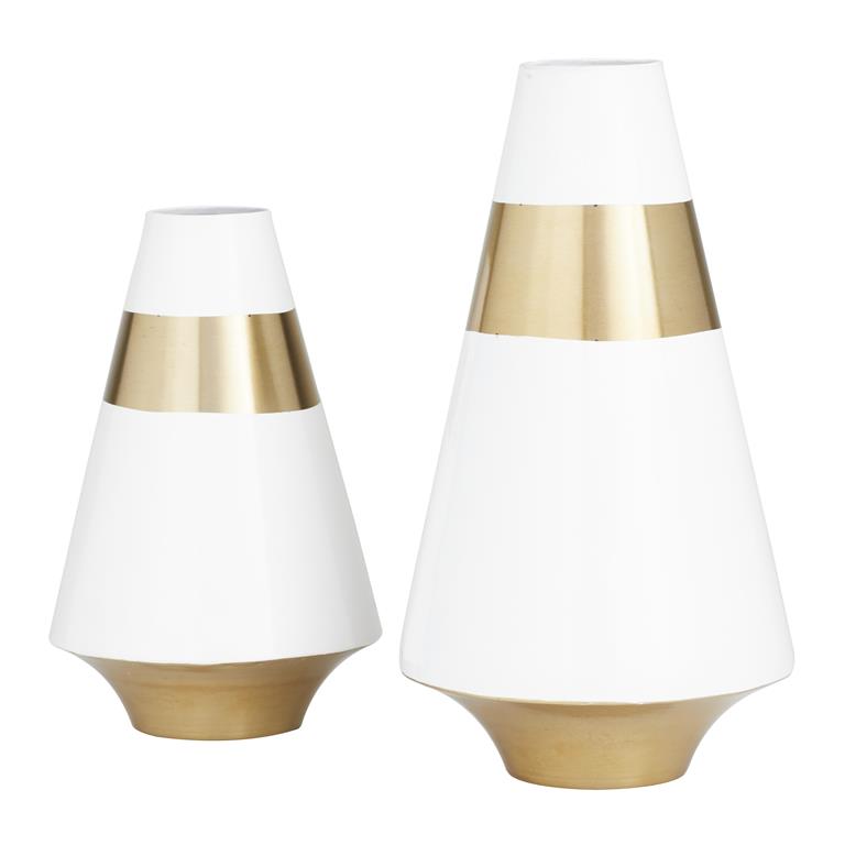 WHITE METAL VASE WITH GOLD BAND