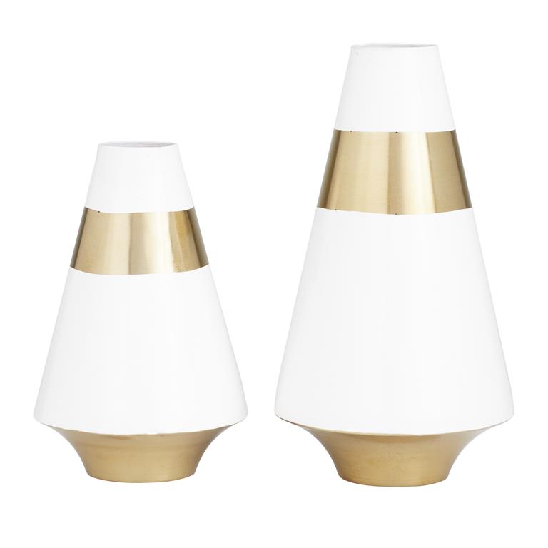 WHITE METAL VASE WITH GOLD BAND