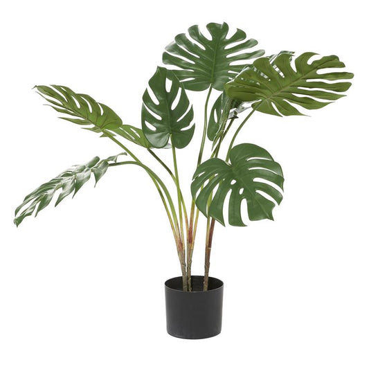 GREEN FAUX FOLIAGE MONSTERA ARTIFICIAL PLANT WITH BLACK PLASTIC