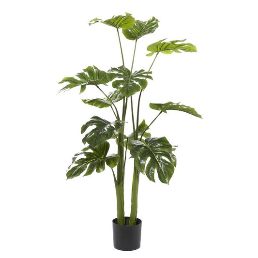 GREEN FAUX FOLIAGE MONSTERA ARTIFICIAL PLANT WITH BLACK PLASTIC POT