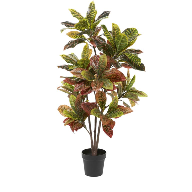 GREEN FAUX FOLIAGE CROTON ARTIFICIAL PLANT WITH BLACK PLASTIC POT,