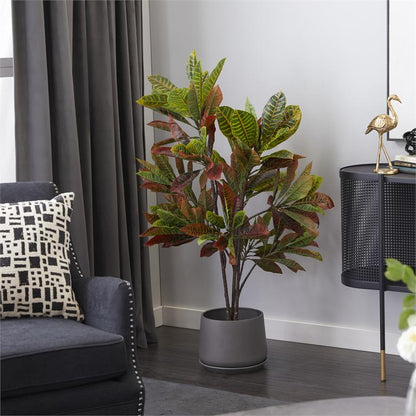 GREEN FAUX FOLIAGE CROTON ARTIFICIAL PLANT WITH BLACK PLASTIC POT,