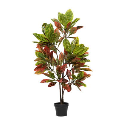 GREEN FAUX FOLIAGE CROTON ARTIFICIAL PLANT WITH BLACK PLASTIC POT,