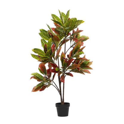 GREEN FAUX FOLIAGE CROTON ARTIFICIAL PLANT WITH BLACK PLASTIC POT,