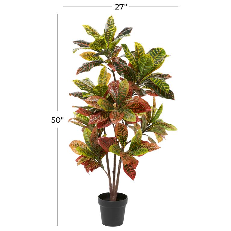 GREEN FAUX FOLIAGE CROTON ARTIFICIAL PLANT WITH BLACK PLASTIC POT,