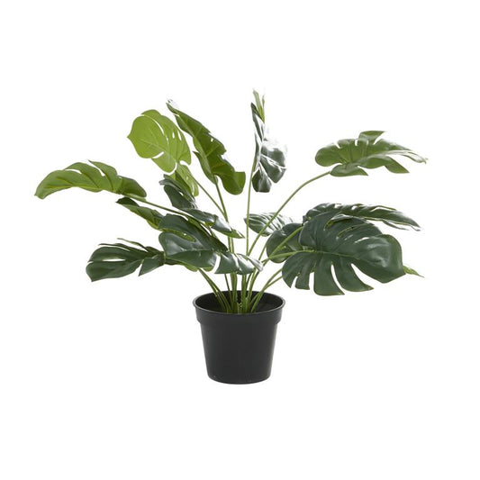 GREEN FAUX FOLIAGE MONSTERA ARTIFICIAL PLANT WITH BLACK PLASTIC POT