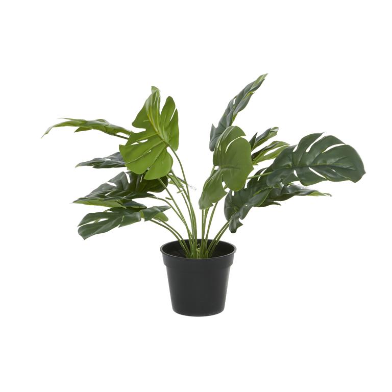 GREEN FAUX FOLIAGE MONSTERA ARTIFICIAL PLANT WITH BLACK PLASTIC POT